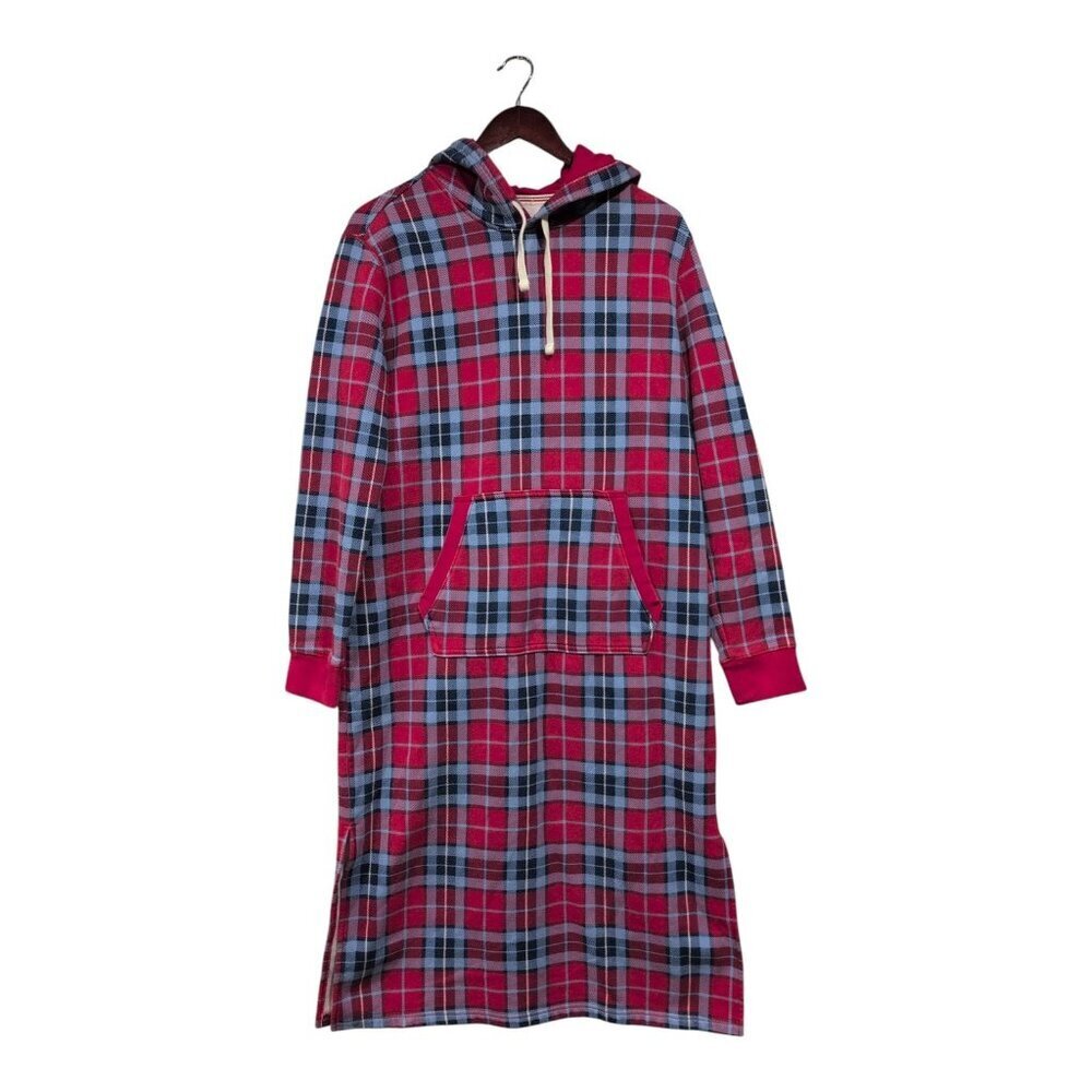 Land's End Women's Serious Sweats Red Blue Plaid Long Hooded Nightgown Sz S 6-8